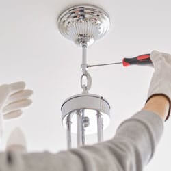 Installation Ceiling Lamp, Hands Of Electrician Fixing Chandelier